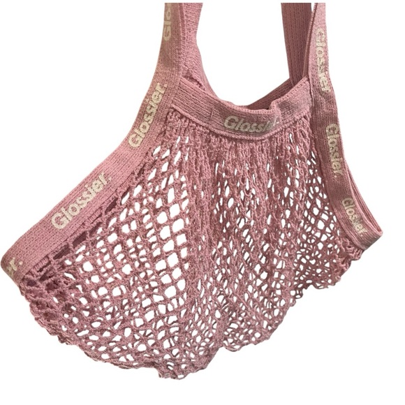 Glossier Pink 100% Cotton Twill Mesh Net Glossier Logo Strap Market Tote - Picture 4 of 8